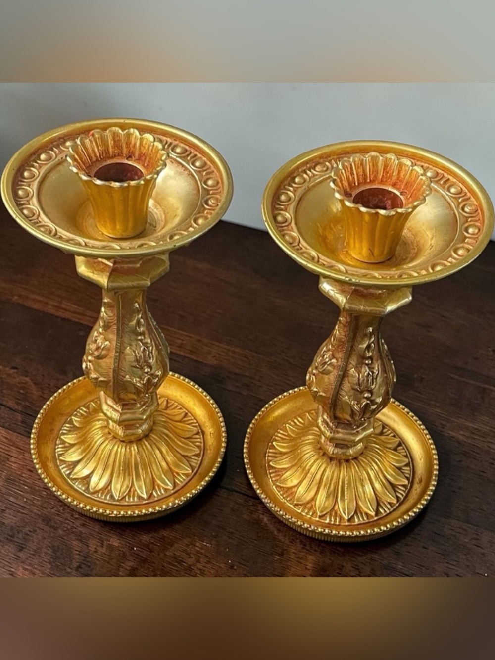 Pair of Ornate Hollywood Regency Brass Candle Holders Candlesticks - Signed